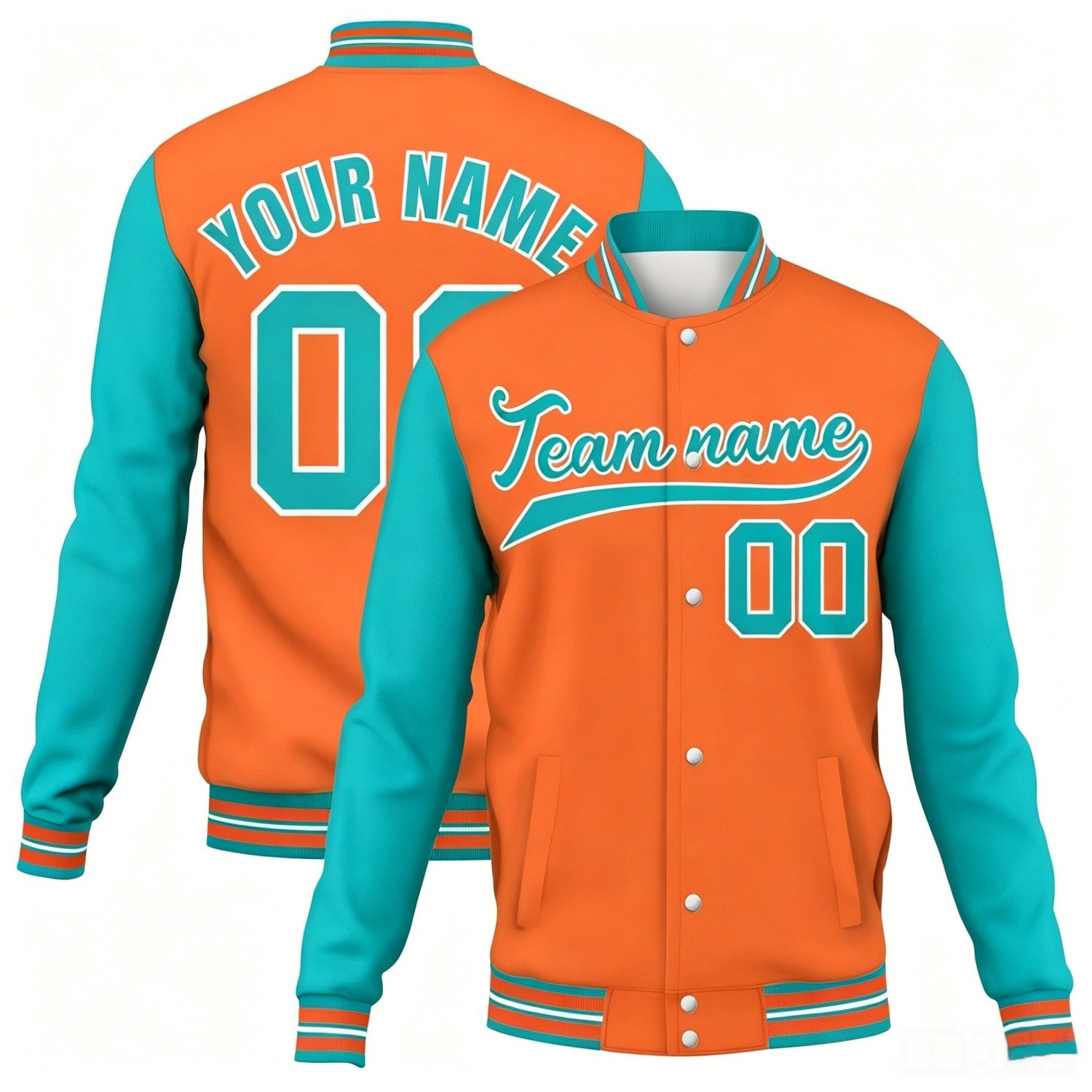 Custom orange-teal contrast sleeve stitched varsity baseball jacket by Vosoli | Personalized team name & number jacket for youth & adults