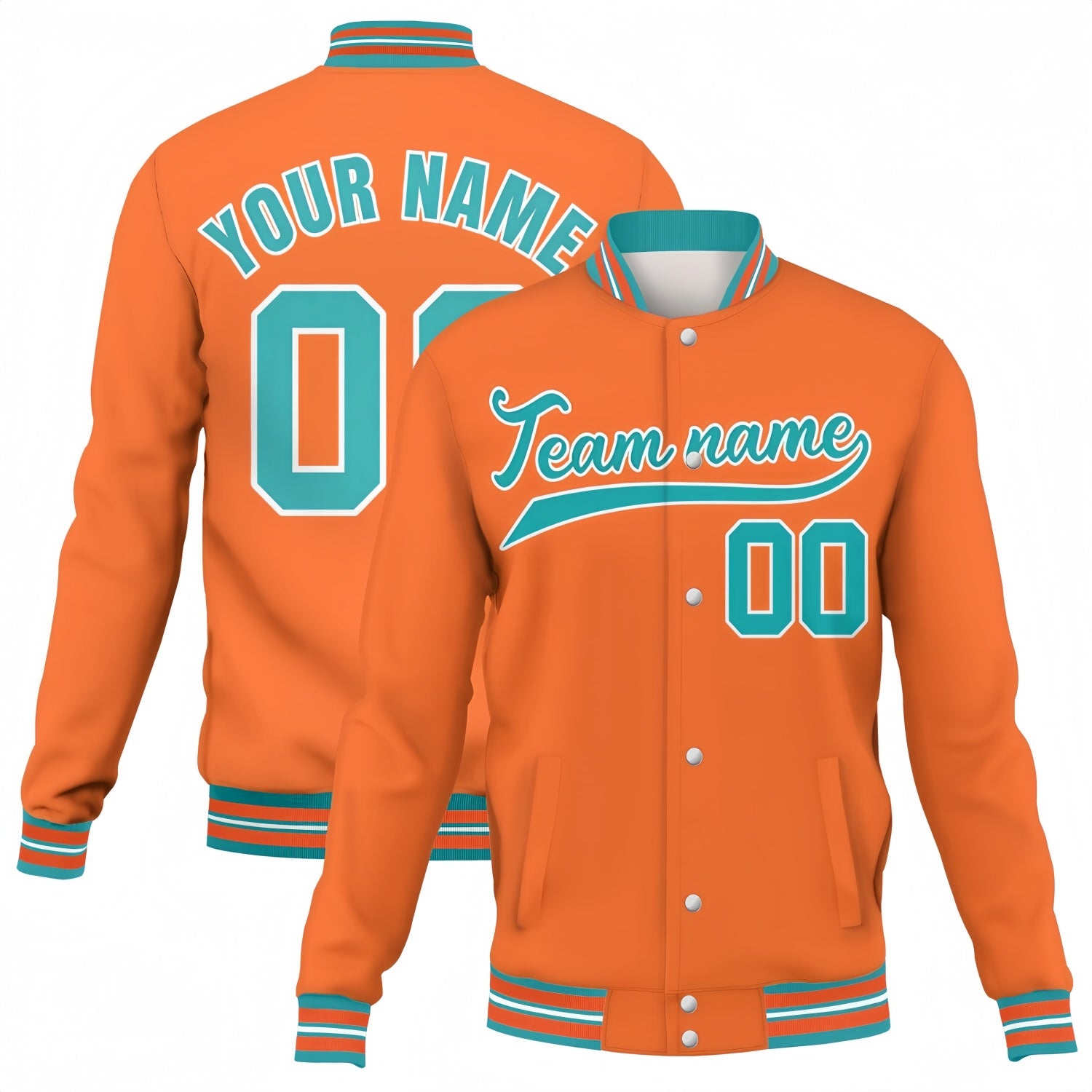 Custom orange-teal stitched varsity baseball jacket by Vosoli | Personalized team name & number button-front jacket for youth & adults