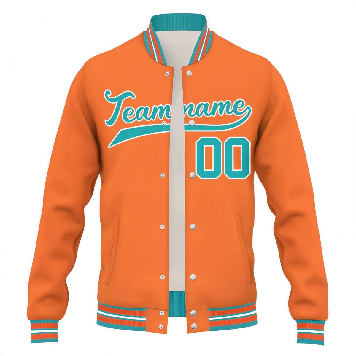 Custom Orange & Teal Varsity Baseball Jacket | Personalized Team Name & Number