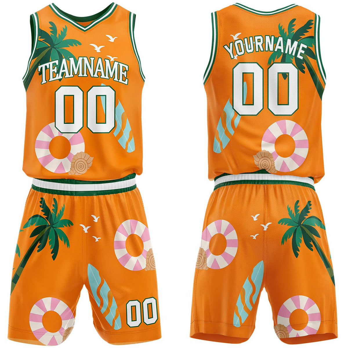 Custom orange tropical basketball jersey &amp; shorts set by Vosoli | Personalized team name &amp; number sportswear