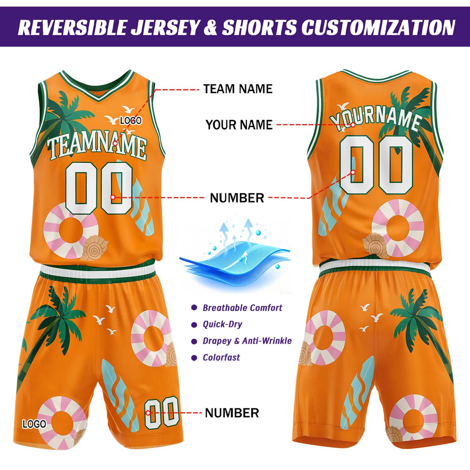 Custom orange tropical basketball jersey & shorts set by Vosoli | Personalized team name & number sportswear