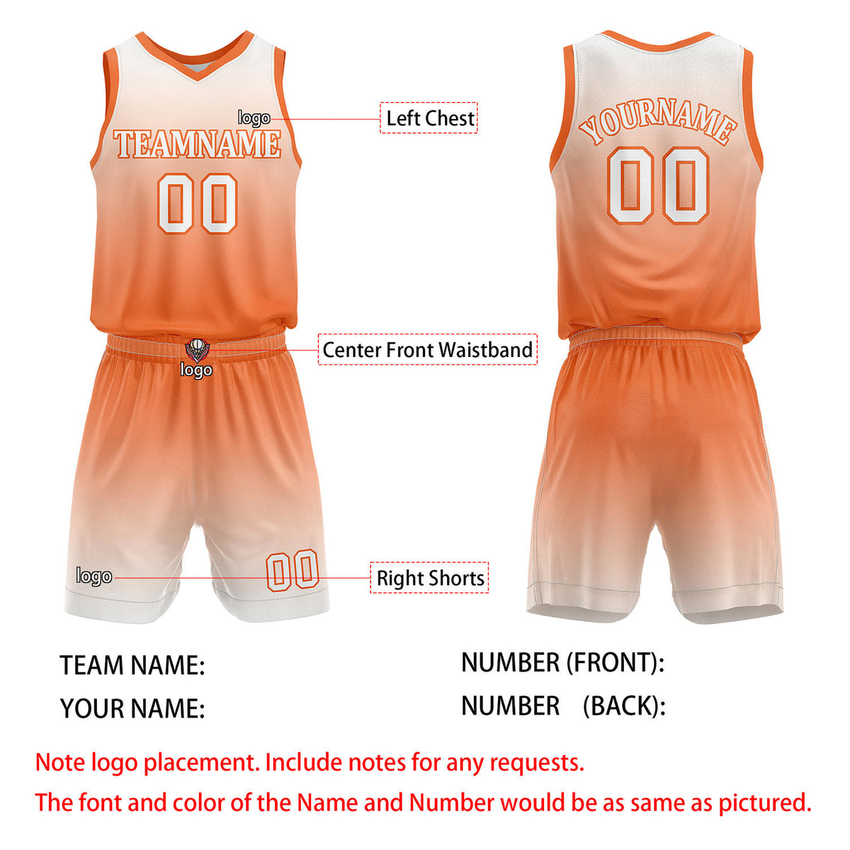Custom Orange & White Gradient Basketball Jersey + Shorts Set - Personalized Team Name, Number | Vosoli