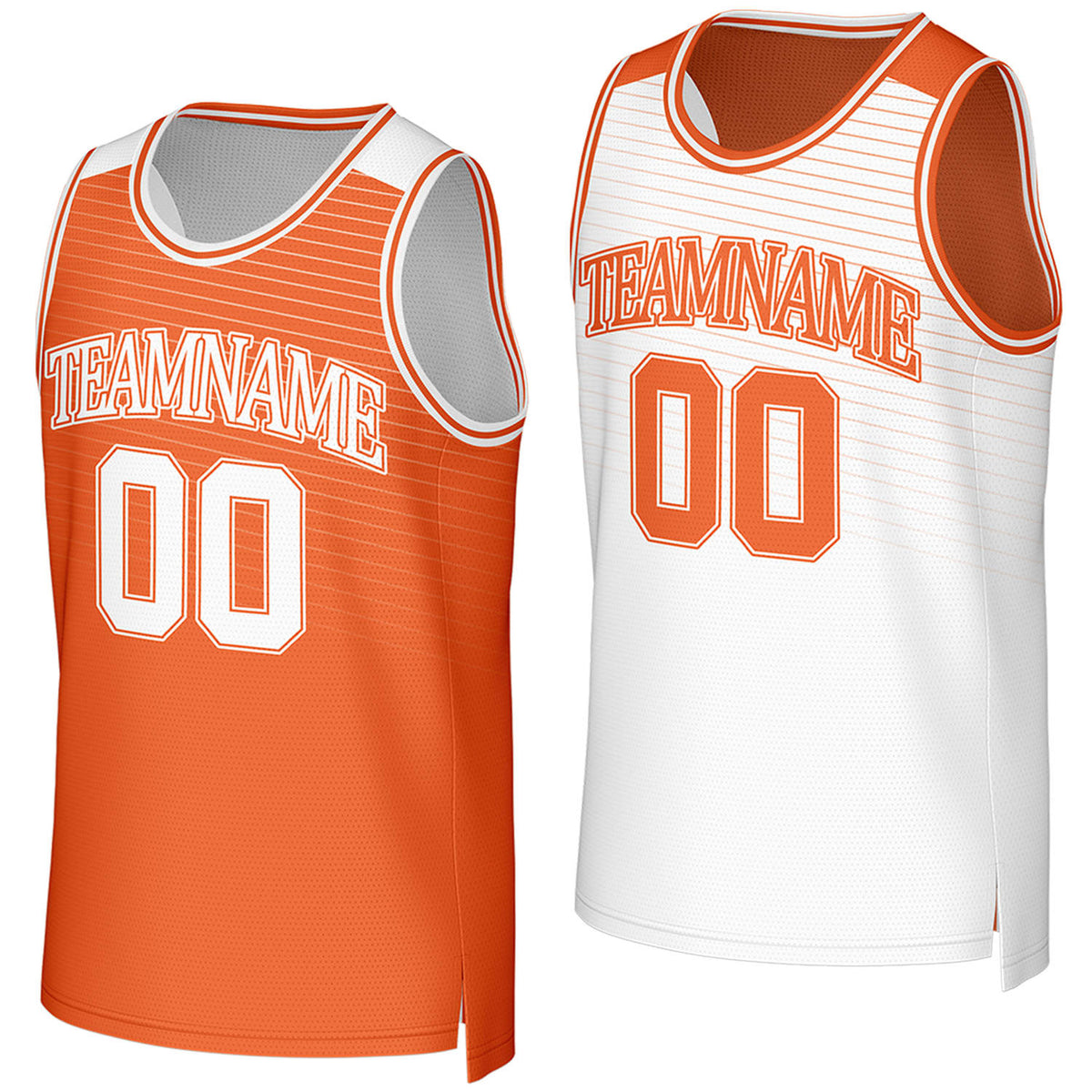 Custom orange & white reversible basketball jersey by Vosoli. Personalized with team name, player name, number, and logo on both sides. Breathable mesh 2-in-1 jersey for high school, college, AAU teams.