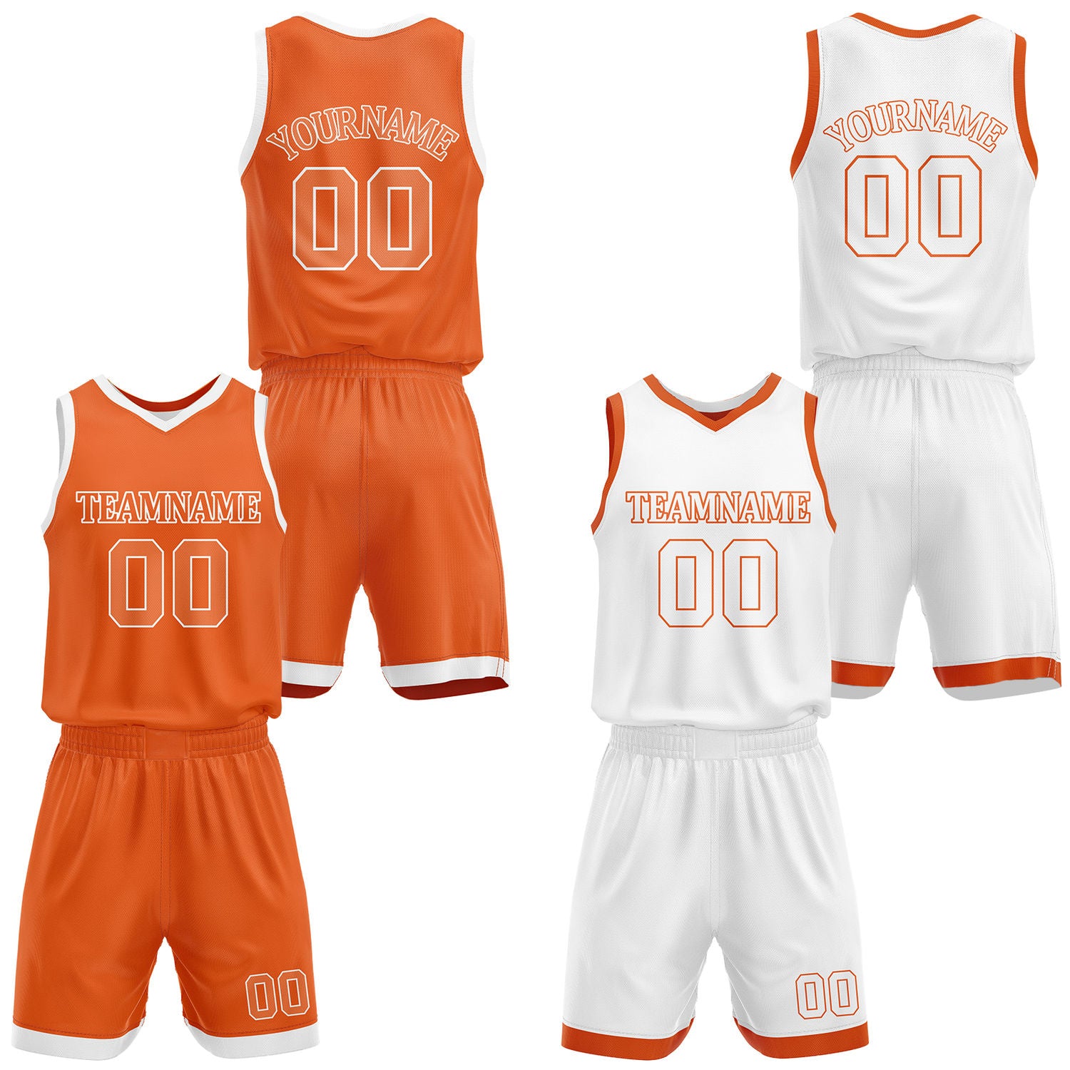 Custom orange & white reversible basketball jersey shorts set by Vosoli | Personalized team name number casual uniform sportswear