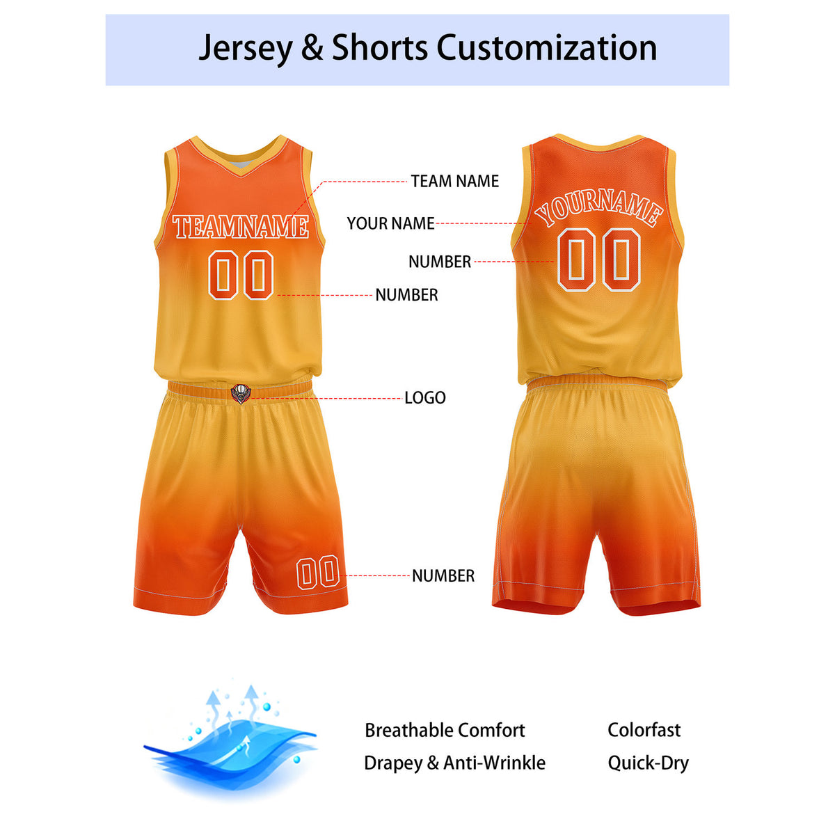 Custom Orange & Yellow Gradient Basketball Jersey + Shorts Set - Personalized Team Name, Number | Vosoli