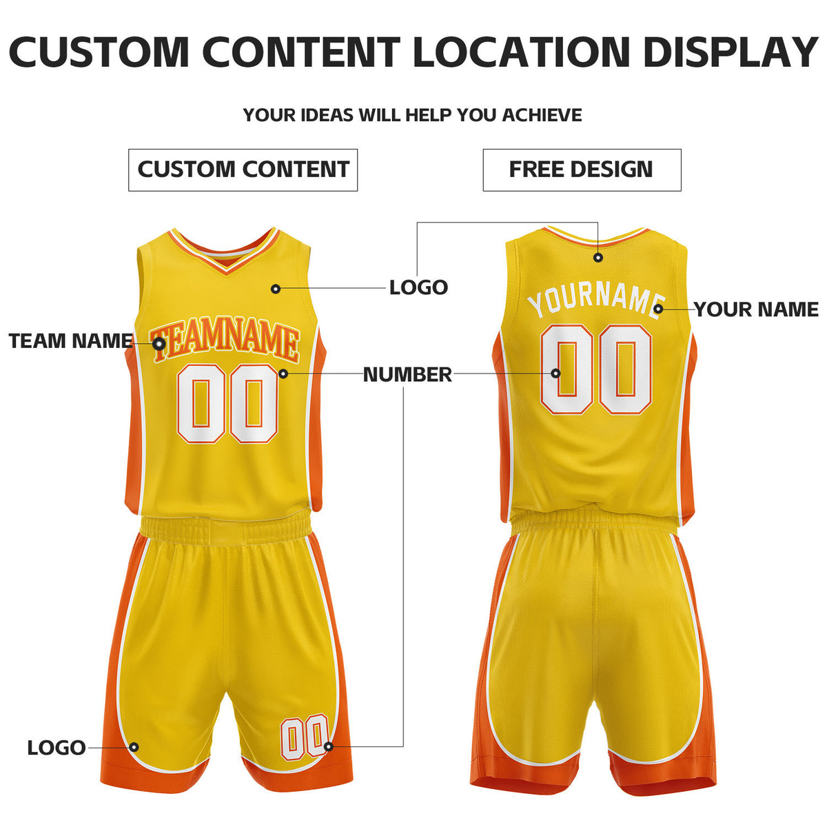 Custom Orange & Yellow Reversible Basketball Uniform Set | Personalized Name Number Sports Jersey Shorts Kit