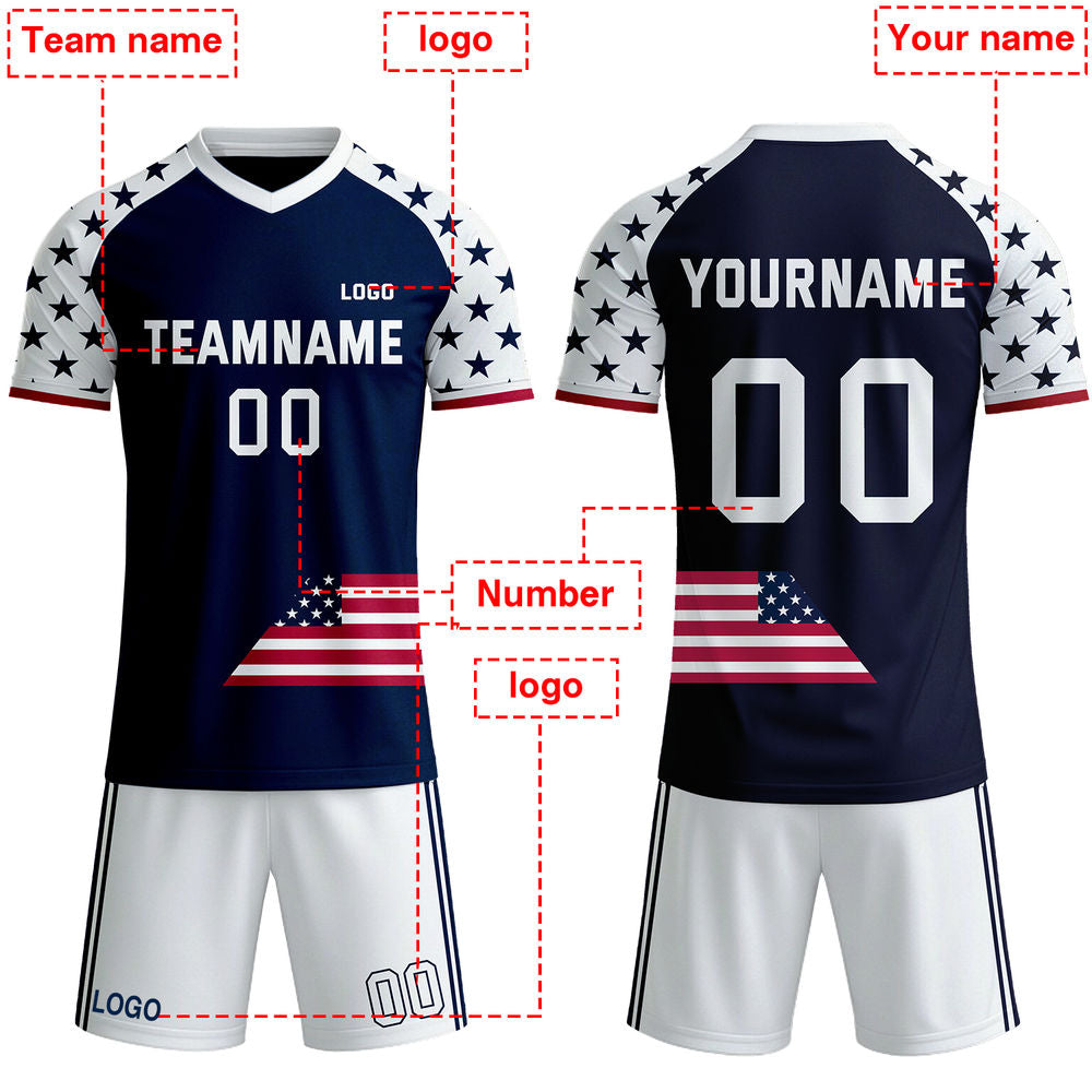 Custom Patriotic USA Soccer Jersey - Personalized Navy & White Star Team Uniform Kit