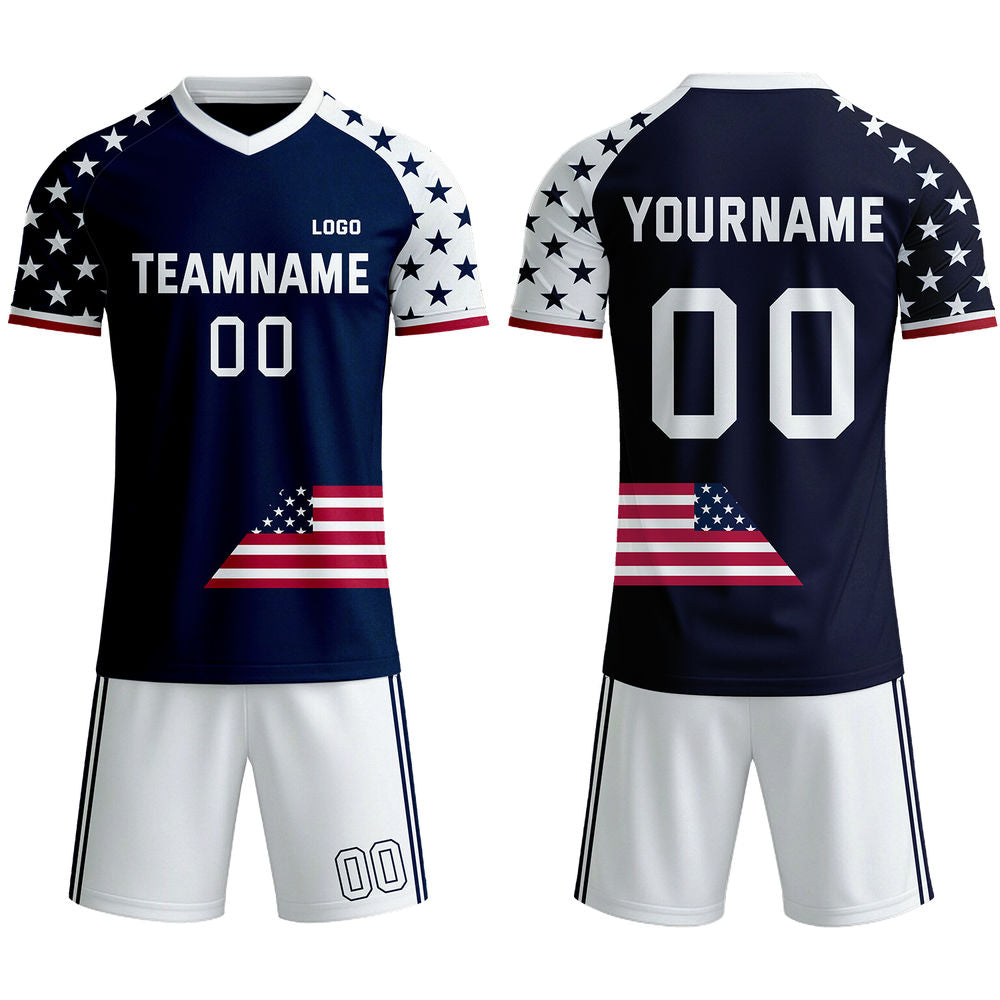Custom Patriotic USA Soccer Jersey - Personalized Navy & White Stars Team Uniform Kit