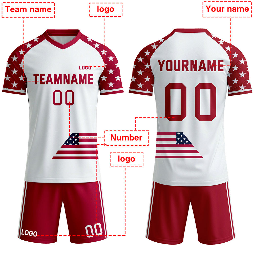 Custom Patriotic USA Soccer Jersey - Personalized White & Red Star Team Kit