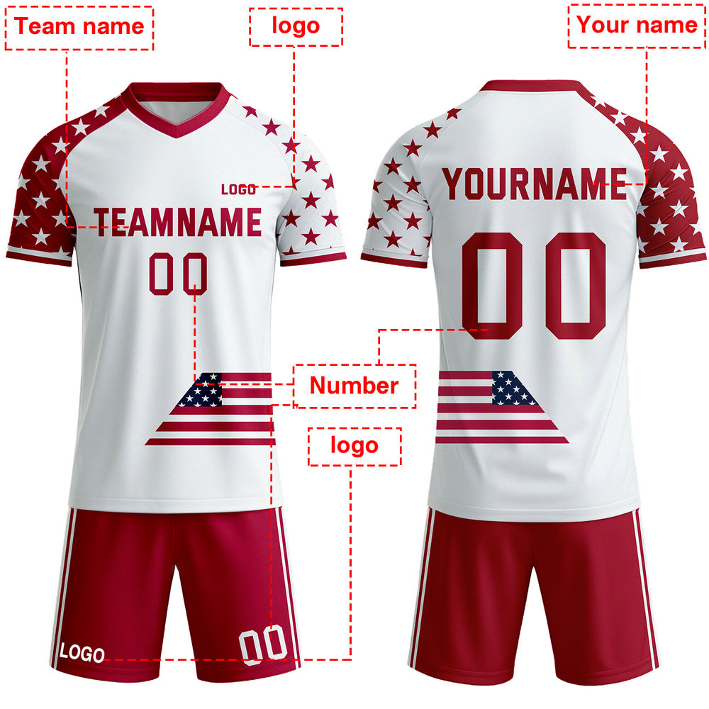 Custom Patriotic USA Star Soccer Jersey - Personalized White & Red Team Uniform Kit