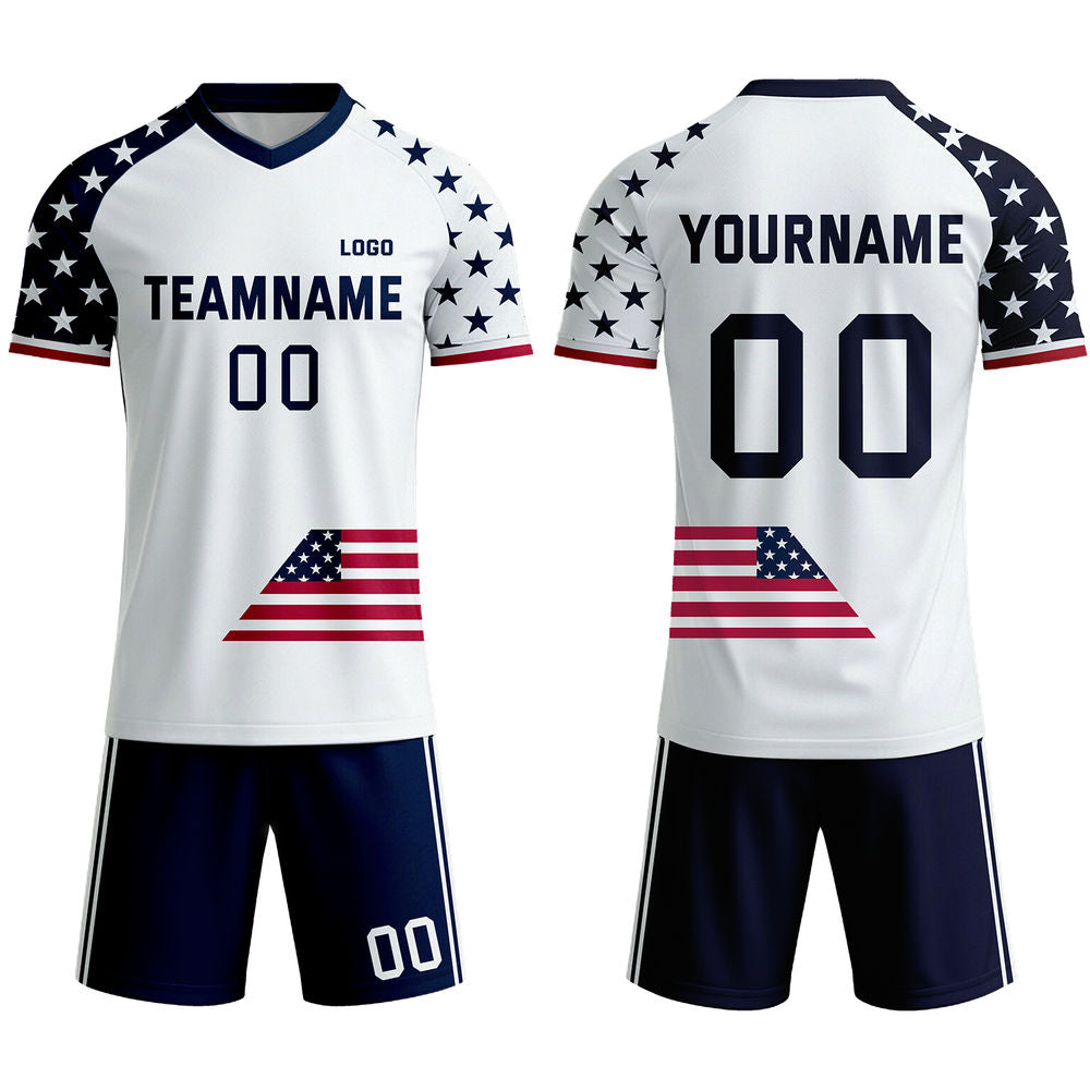 Custom Patriotic USA Stars Soccer Jersey - Personalized White &amp; Navy Team Kit