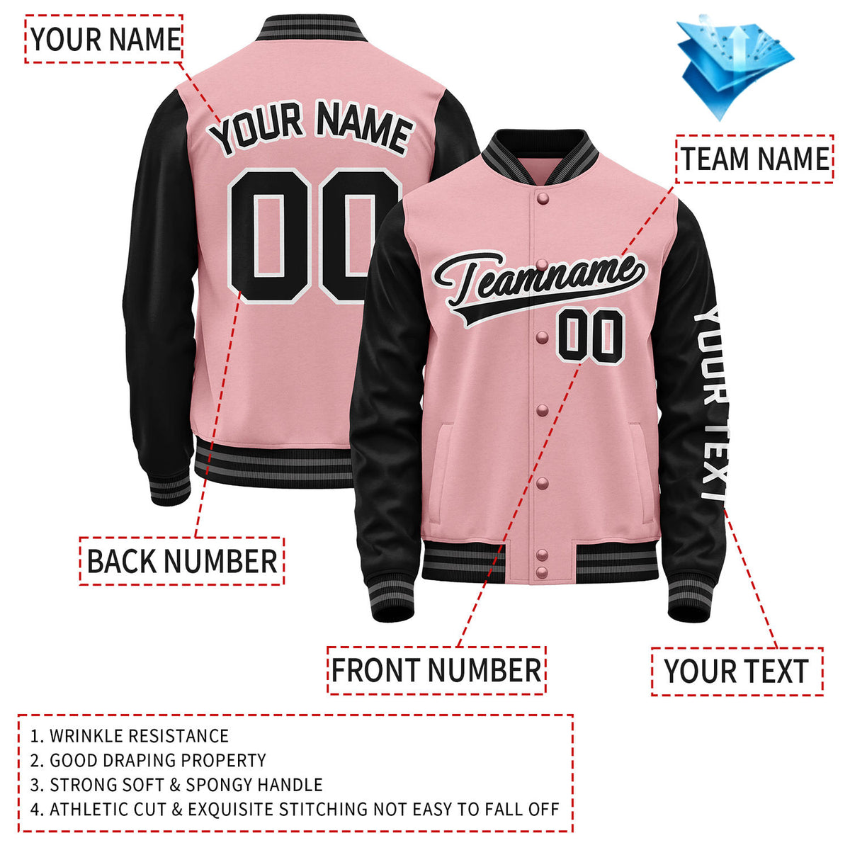 Custom Pink Black Jacket Personalized Team Name Number Letterman Bomber for Adult & Youth