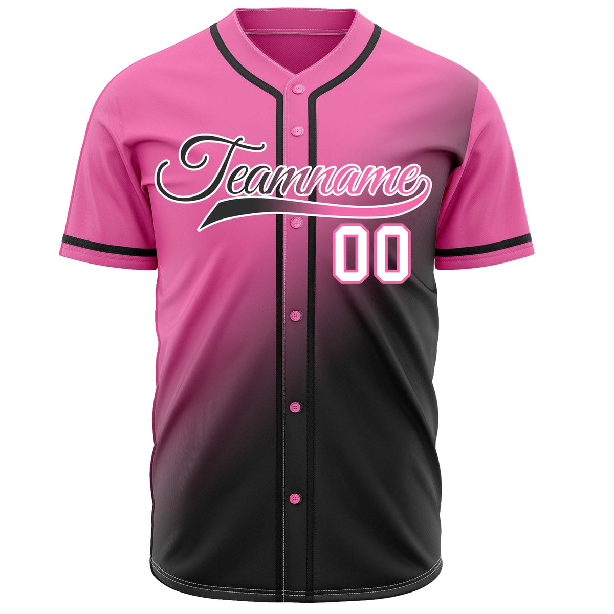 Custom pink to black gradient baseball jersey, button-front style with black trim, suitable for team sports and casual wear - Vosoli