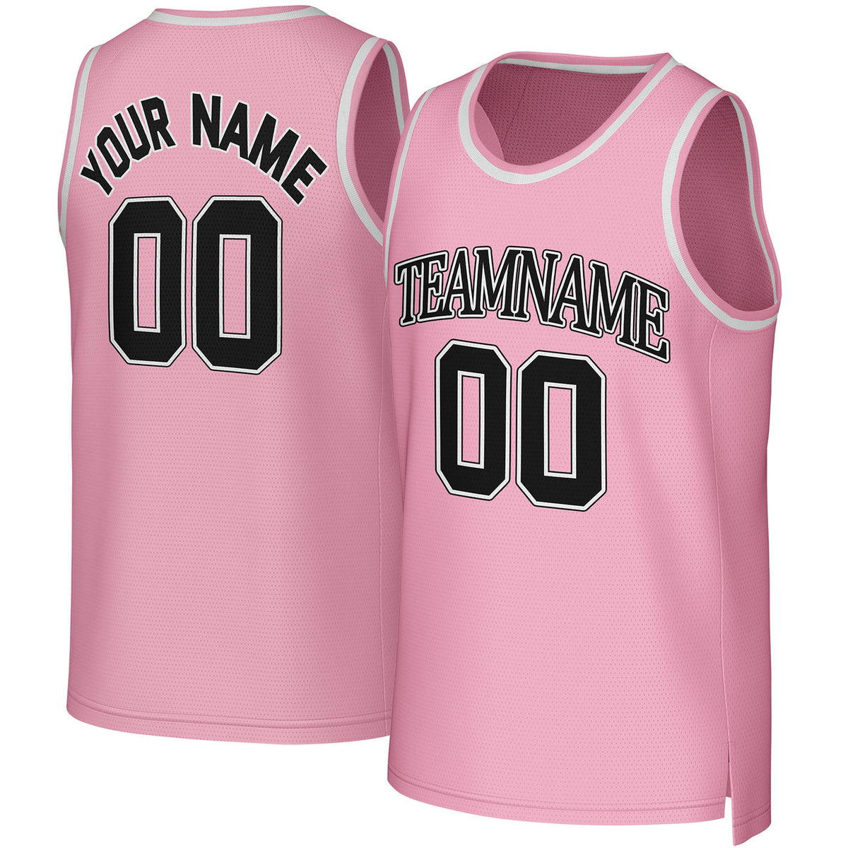 Custom pink & black basketball jersey by Vosoli. Personalized with team name, player name, number, and logo. Breathable mesh jersey for high school, college, AAU teams.