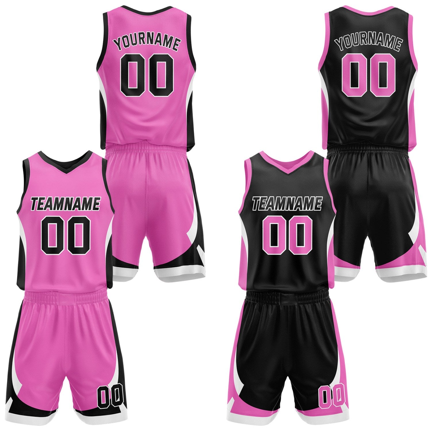 Custom pink & black reversible basketball jersey set with shorts by Vosoli | Personalized team name, number & logo | Breathable mesh sport jersey uniform