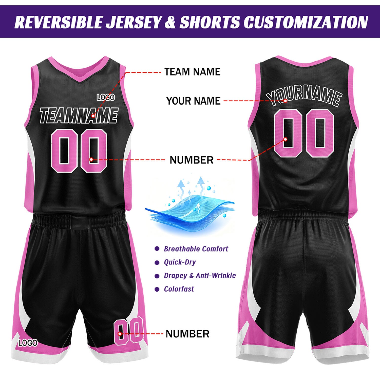 Custom Pink Black Reversible Basketball Jersey Set | Personalized Name Number Mesh Sports Uniform