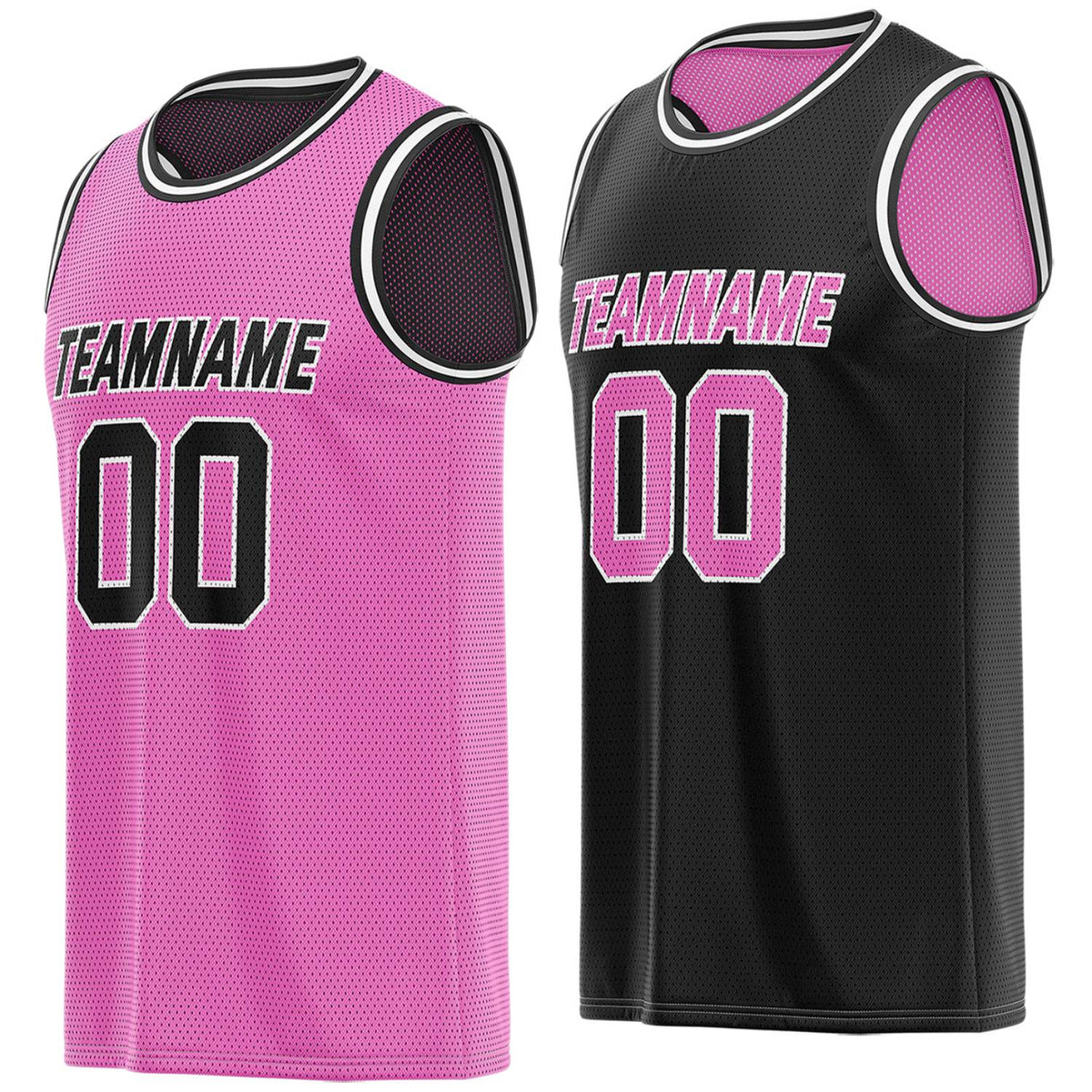 Custom pink &amp; black reversible basketball jersey, personalized team name number breathable mesh sports top with white trim for men women youth game practice - Vosoli