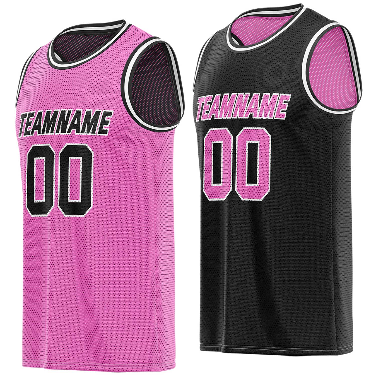 Custom pink & black reversible basketball jersey, personalized team name number breathable mesh sports top with white trim for men women youth game practice - Vosoli