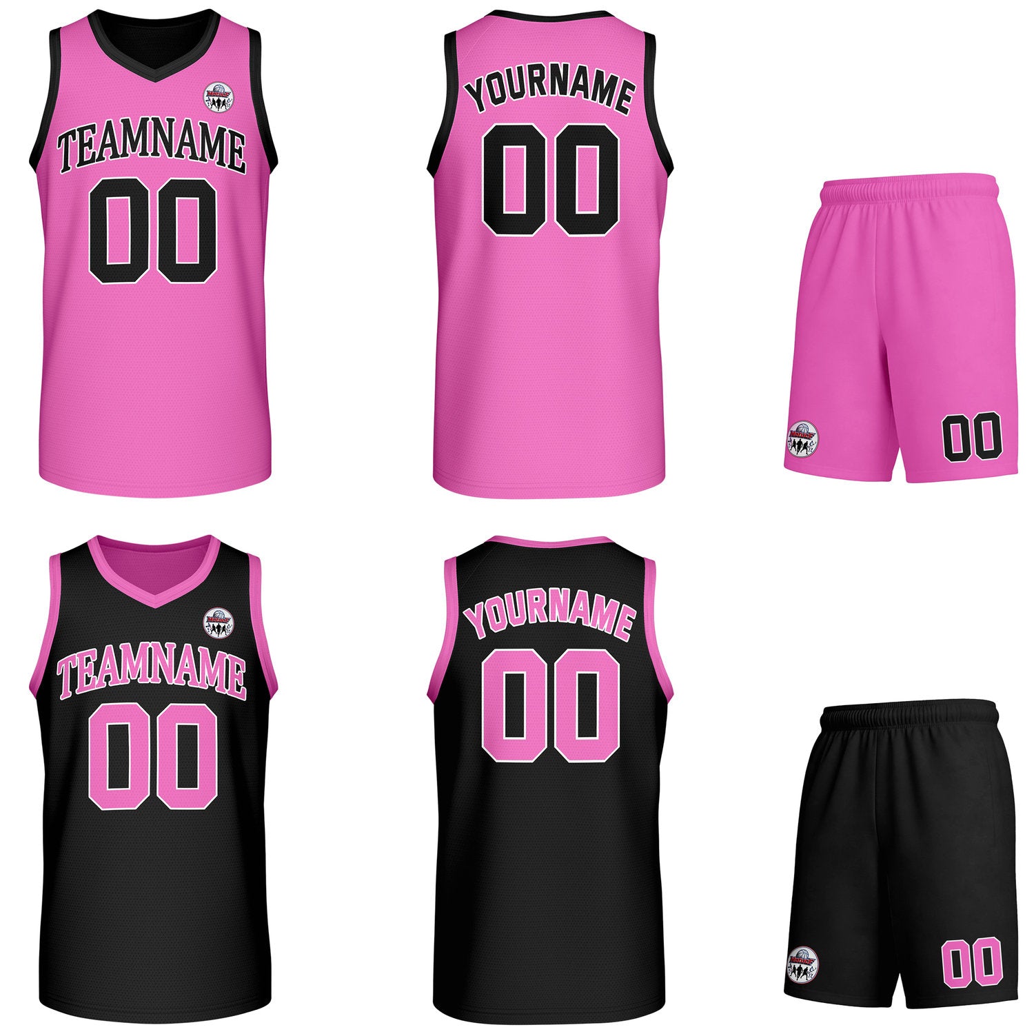 Custom pink & black Reversible basketball uniform set, personalized team name number logo breathable mesh jersey and shorts men women youth game practice - Vosoli
