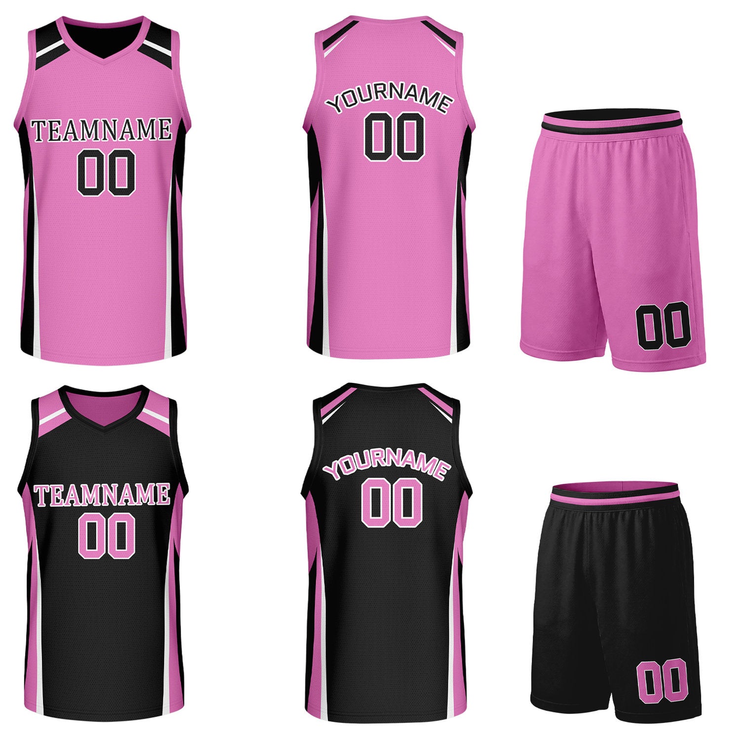 Custom pink and black reversible basketball uniform by Vosoli. Personalized with team name, number, and logo. Breathable mesh jersey and shorts for high school, college, and AAU teams.