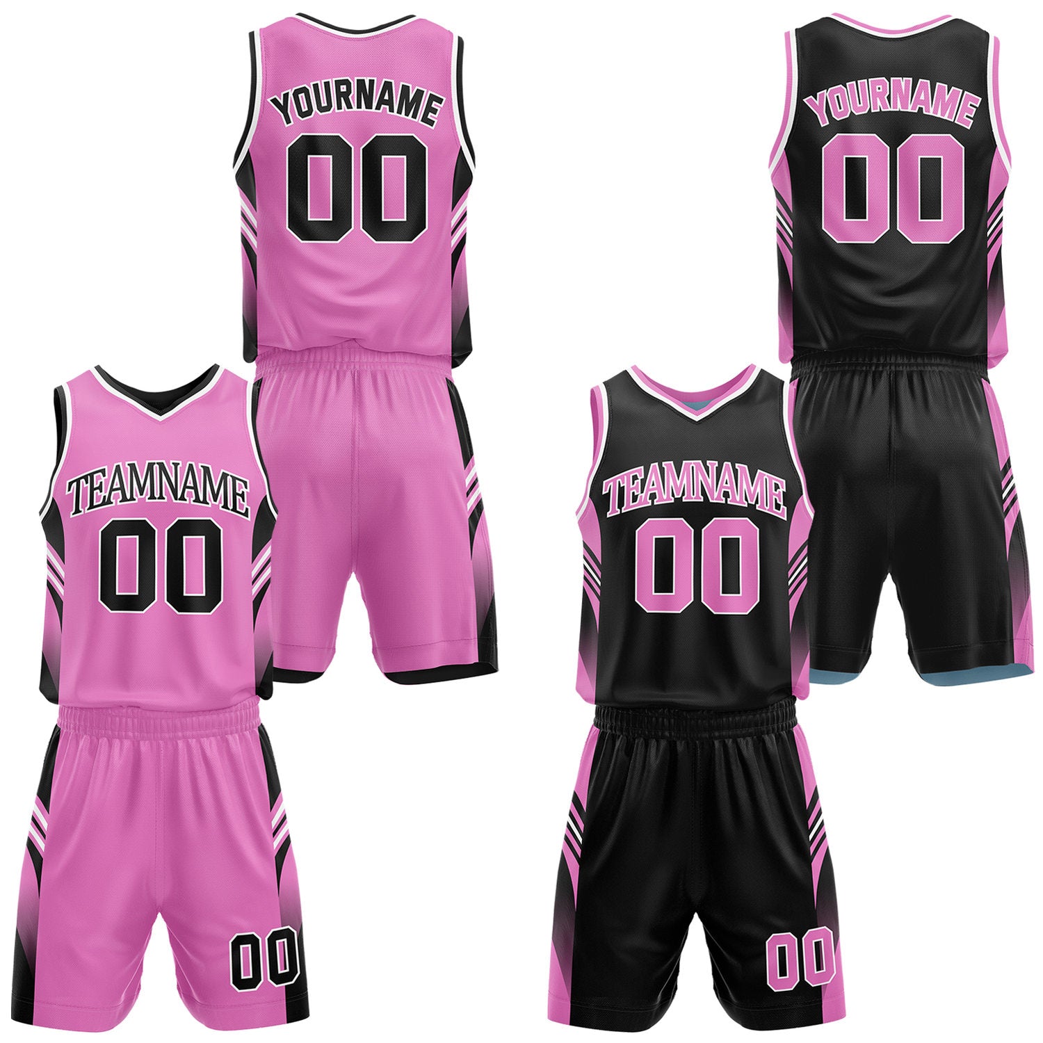 Custom pink and black reversible basketball uniform by Vosoli. Personalized with team name, number, and logo. Breathable mesh jersey and shorts for high school, college, AAU teams.