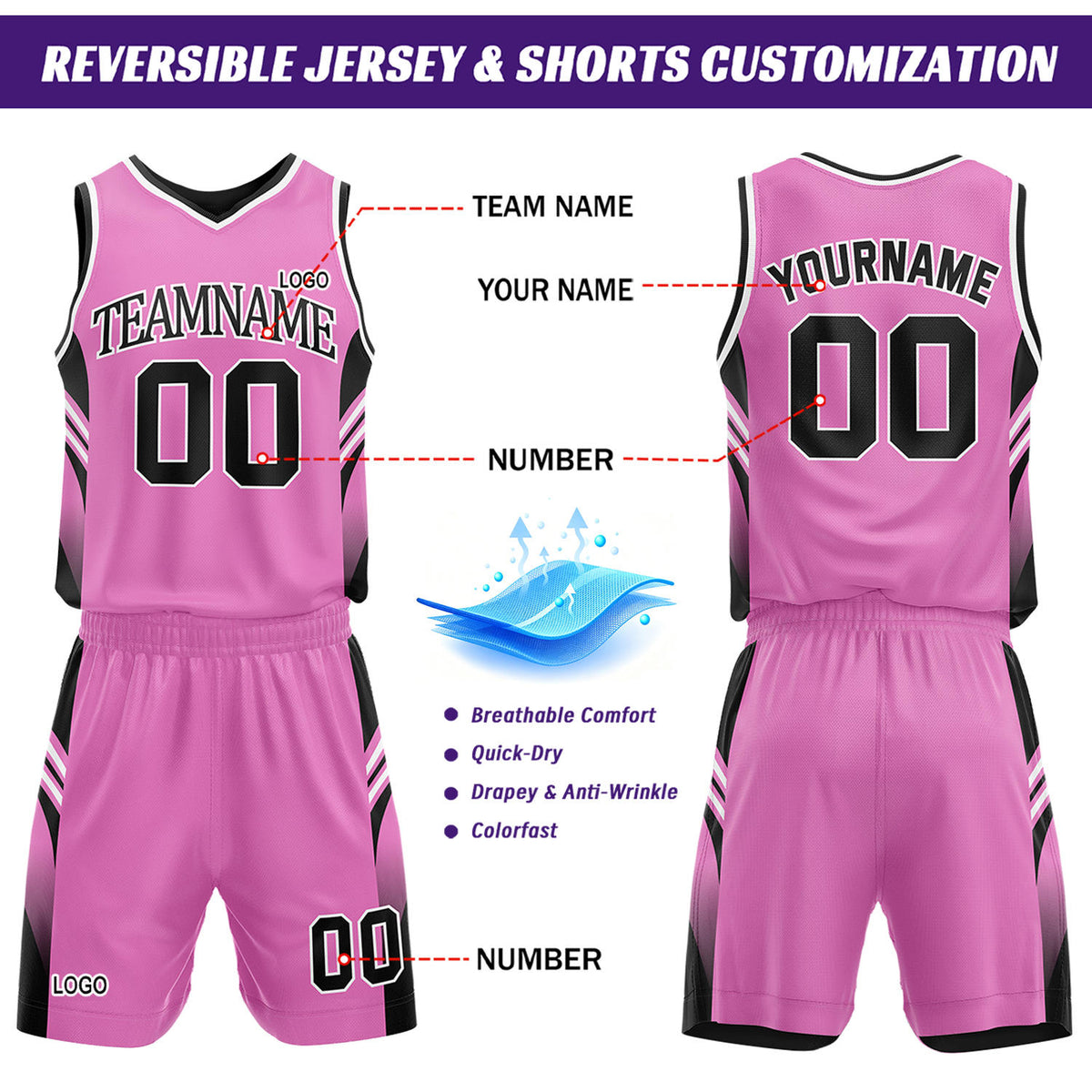Custom Pink & Black Reversible Basketball Uniform Set | Personalized Team Jersey Kit