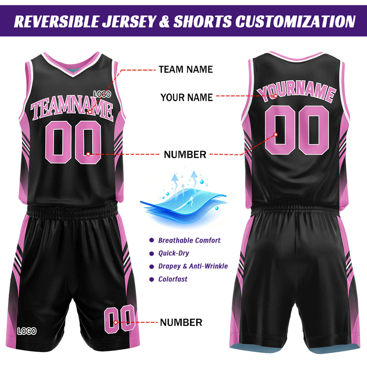 Custom Pink & Black Reversible Basketball Uniform Set | Personalized Team Jersey Kit