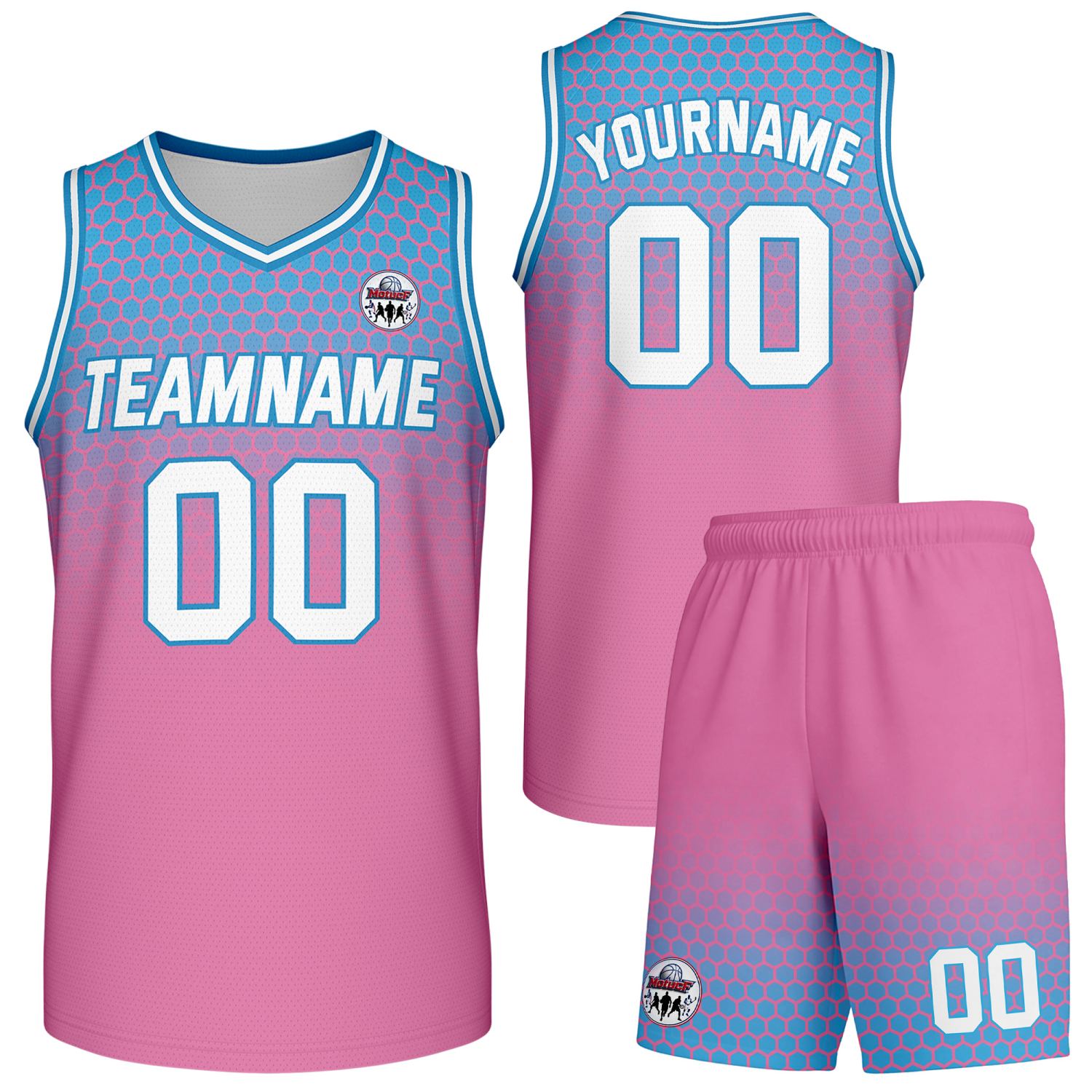 Custom pink & blue honeycomb-pattern basketball uniform set, personalized team name number logo breathable mesh jersey and shorts men women youth game practice - Vosoli