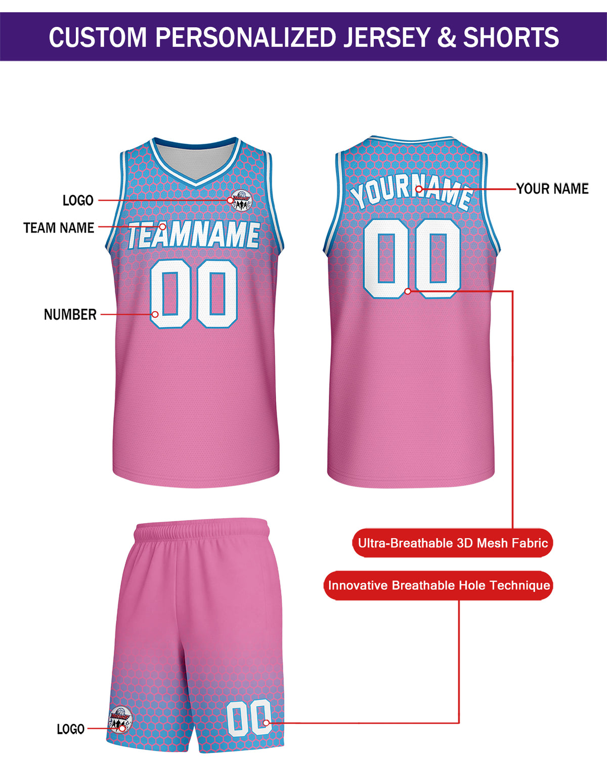 Custom Pink & Blue Honeycomb Basketball Uniform Set | Personalized Team Name & Number - Vosoli