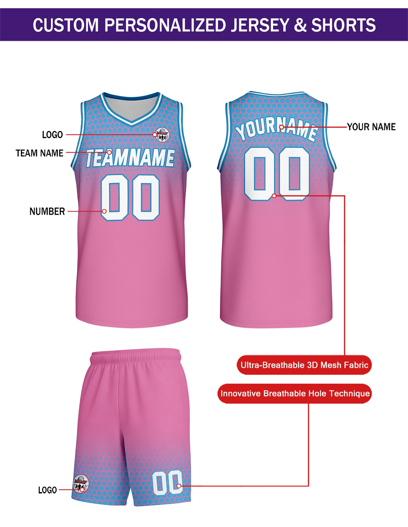 Custom Pink & Blue Honeycomb Basketball Uniform Set | Personalized Team Name & Number - Vosoli