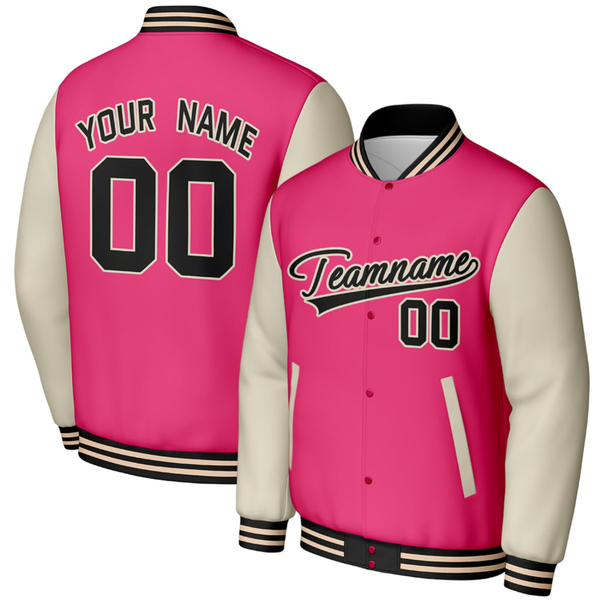 custom pink cream baseball jackets for college teams by Vosoli, personalized stitched name, number &amp; logo, classic button up varsity letterman jacket for college baseball team and casual wear