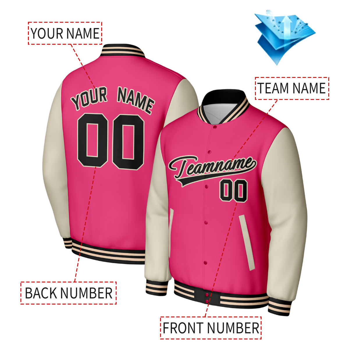 Custom Pink & Cream Varsity Baseball Jacket | Personalized Jacket with Stitched Name & Number for Adult & Youth