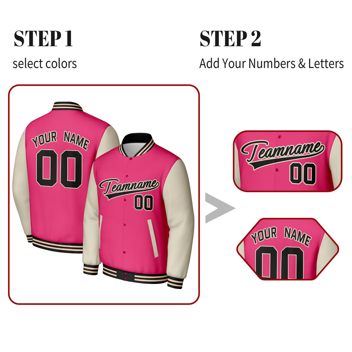 Custom Pink & Cream Varsity Baseball Jacket | Personalized Jacket with Stitched Name & Number for Adult & Youth