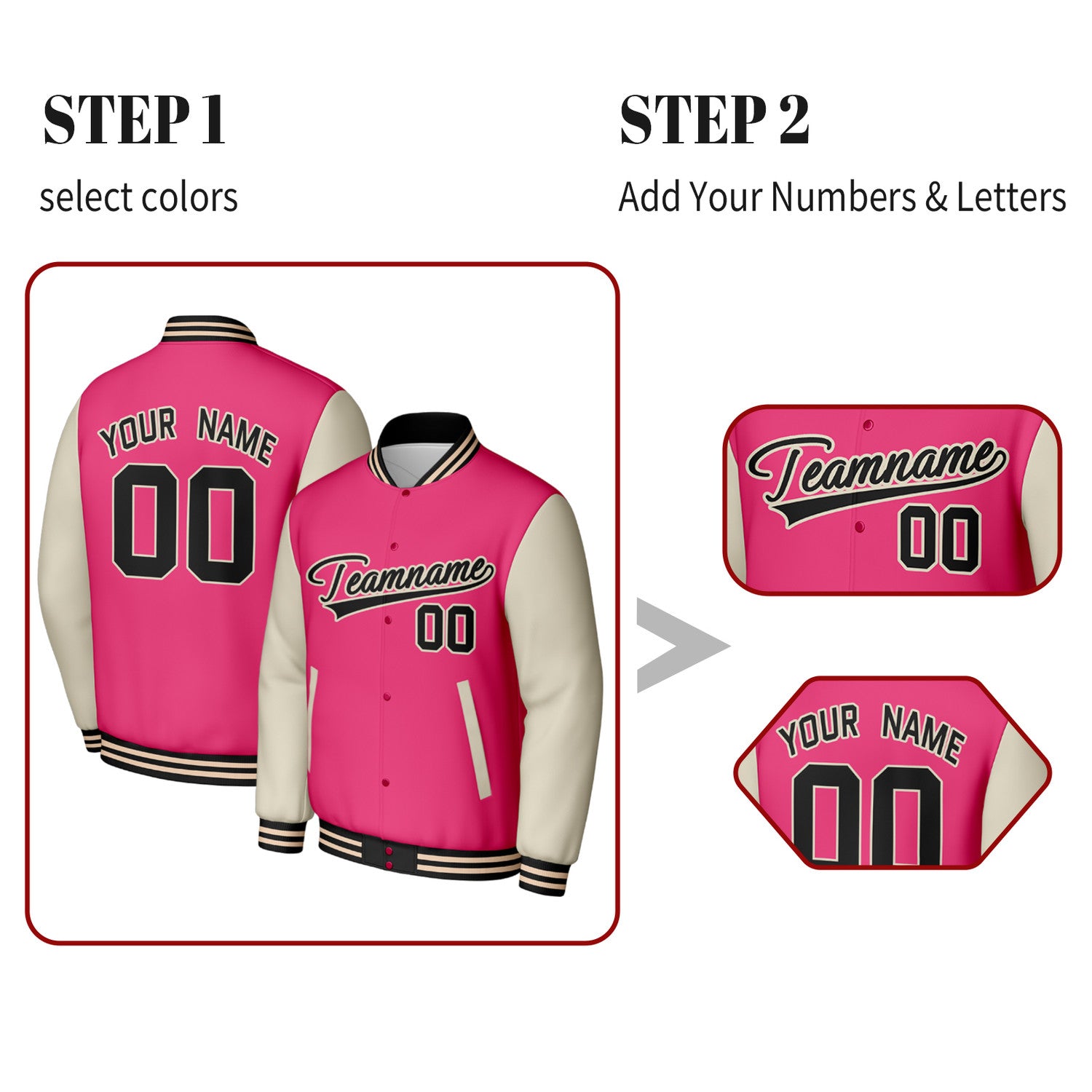 Custom Pink & Cream Varsity Baseball Jacket | Personalized Jacket with Stitched Name & Number for Adult & Youth