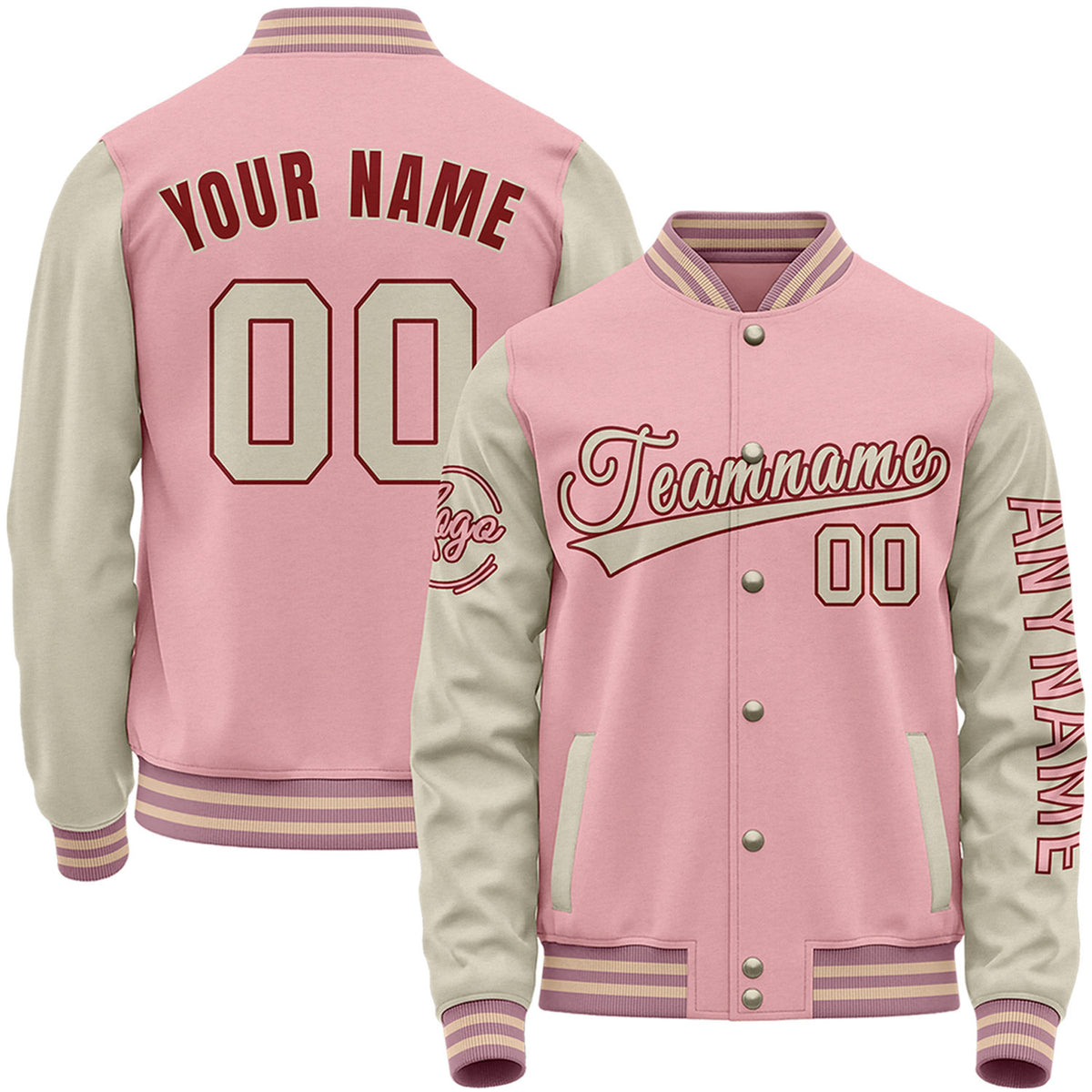Custom pink and cream girl's baseball letterman jackets by Vosoli with stitched name, number and logo. Classic varsity jacket for baseball and casual wear.