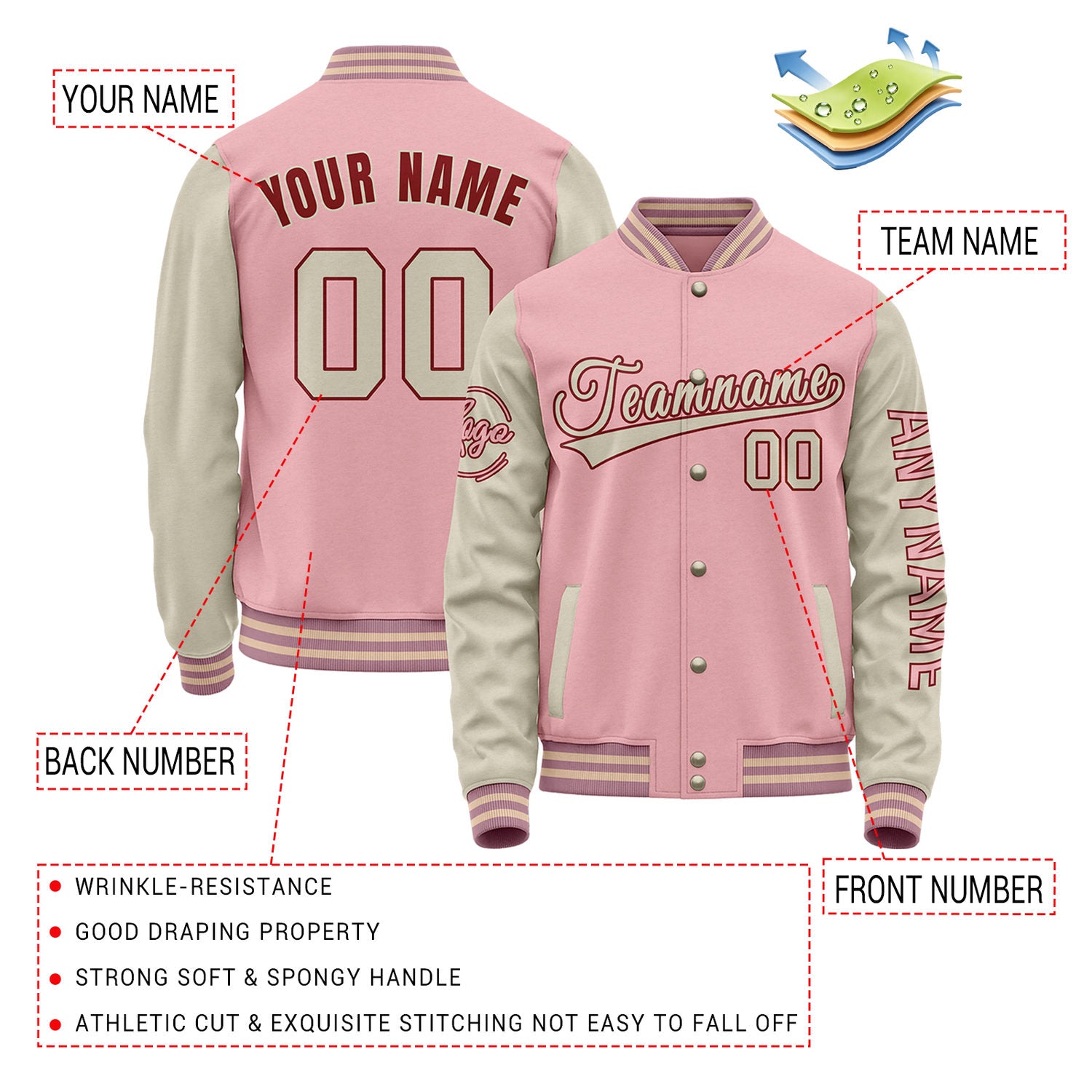 Custom Pink & Cream Two Tone Varsity Letterman Jacket | Personalized Stitched Team Name Number