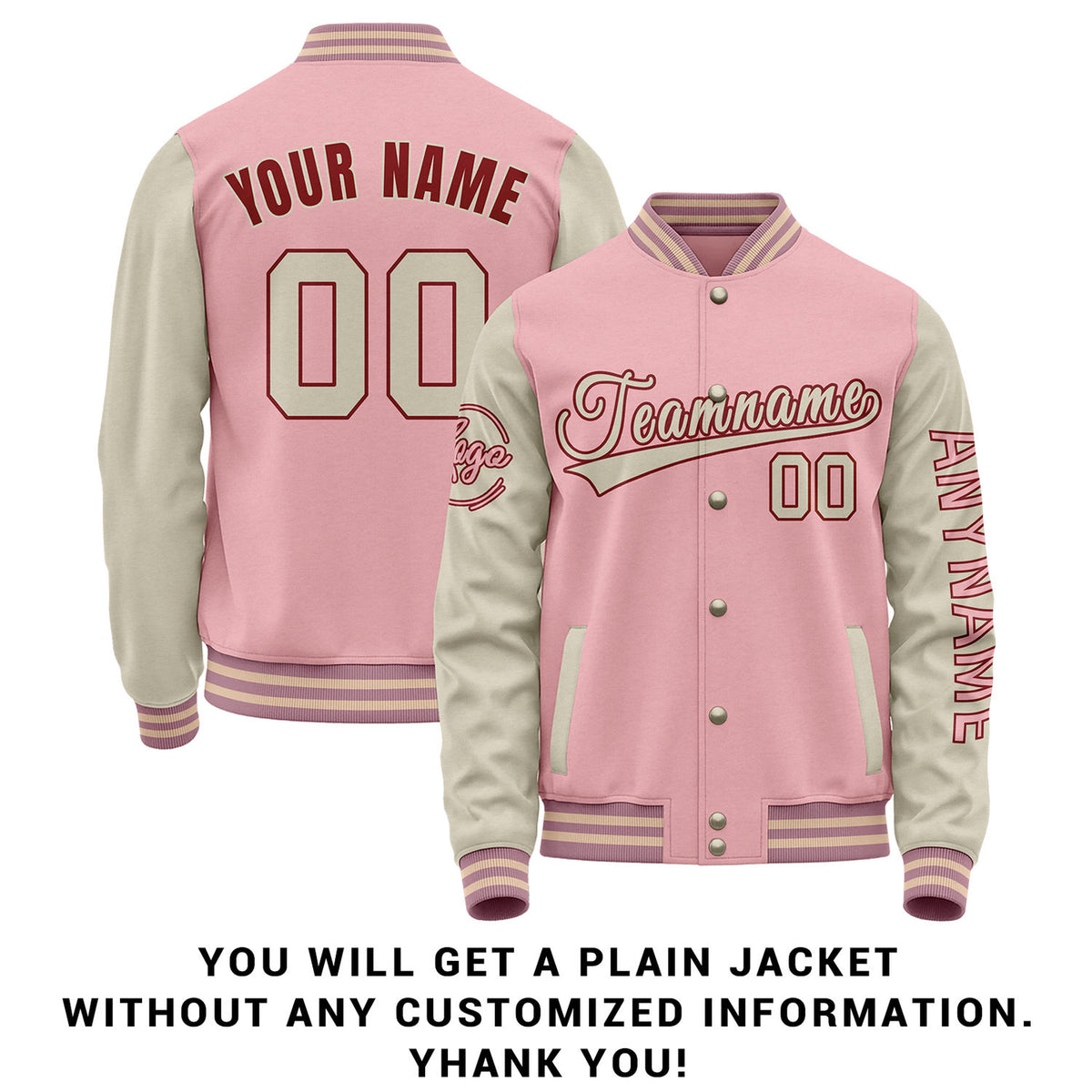 Custom Pink & Cream Two Tone Varsity Letterman Jacket | Personalized Stitched Team Name Number