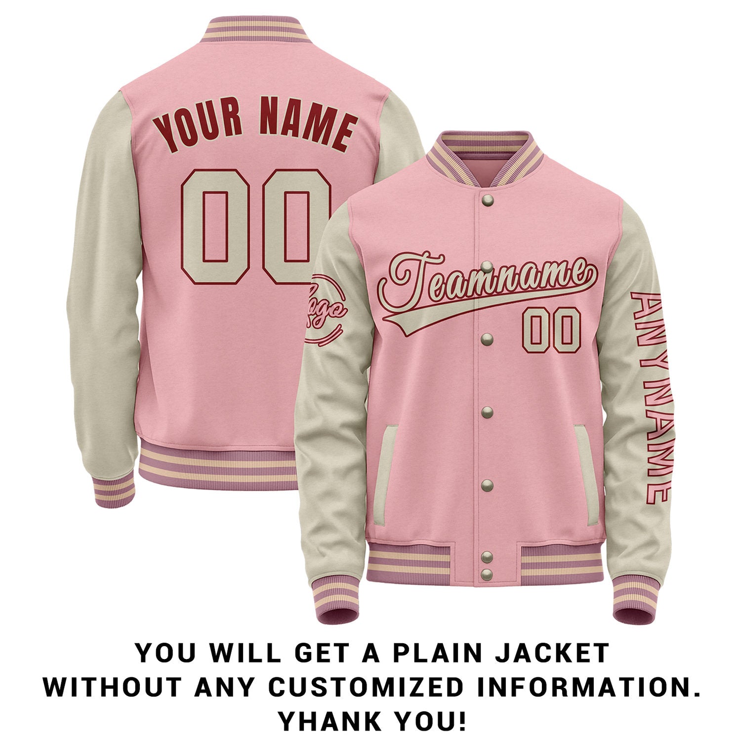 Custom Pink & Cream Two Tone Varsity Letterman Jacket | Personalized Stitched Team Name Number