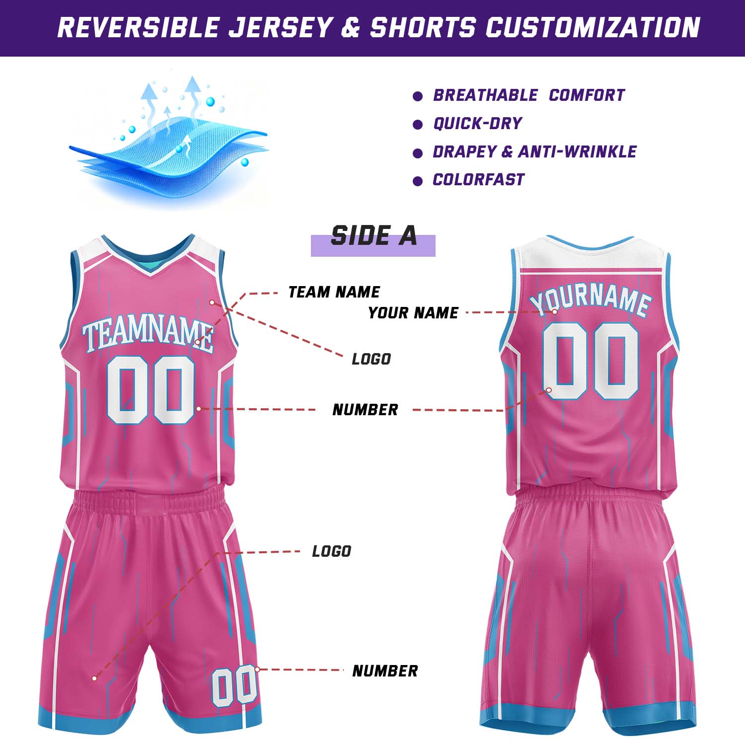 Custom Pink & Cyan Reversible Geometric Basketball Jersey Shorts Set | Personalized Team Uniform