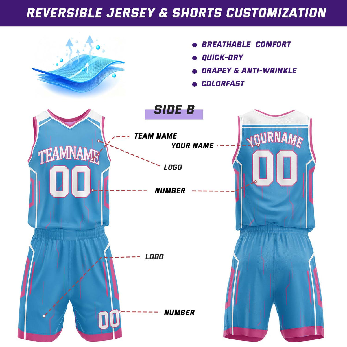 Custom Pink & Cyan Reversible Geometric Basketball Jersey Shorts Set | Personalized Team Uniform