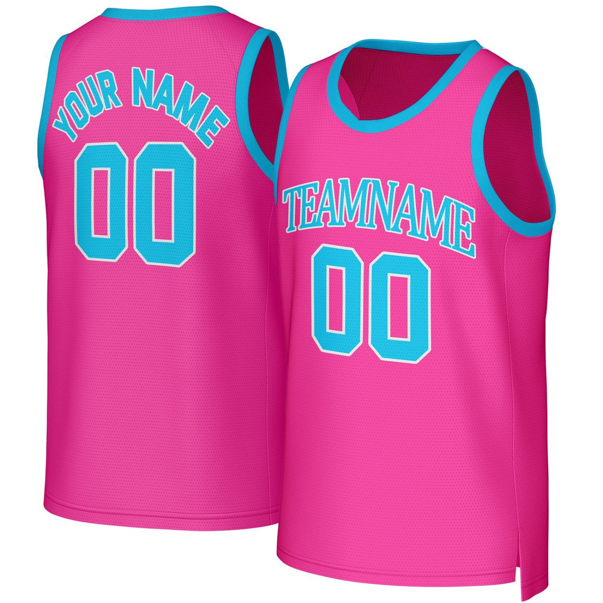 Custom pink & cyan basketball jersey by Vosoli. Personalized with team name, player name, number, and logo. Breathable mesh jersey for high school, college, AAU teams.