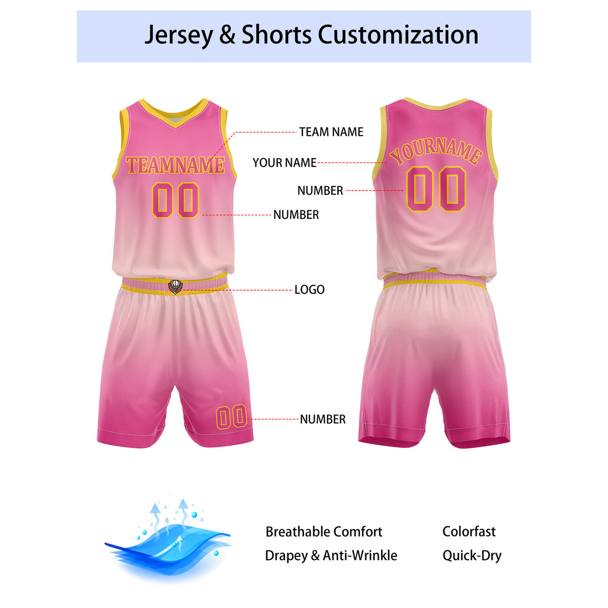 Custom Pink Gradient Basketball Jersey + Shorts Set - Personalized Team Name, Number | Vosoli