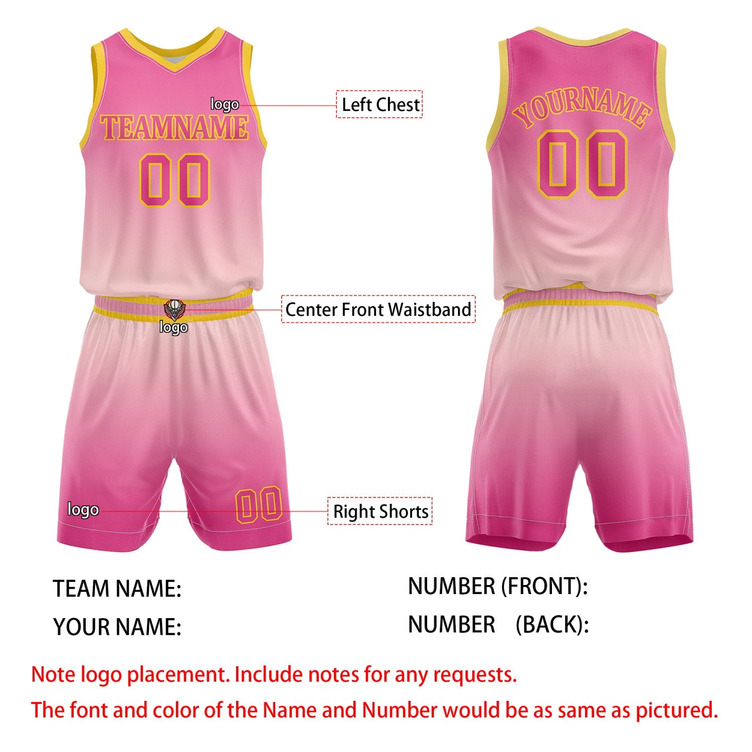 Custom Pink Gradient Basketball Jersey + Shorts Set - Personalized Team Name, Number | Vosoli