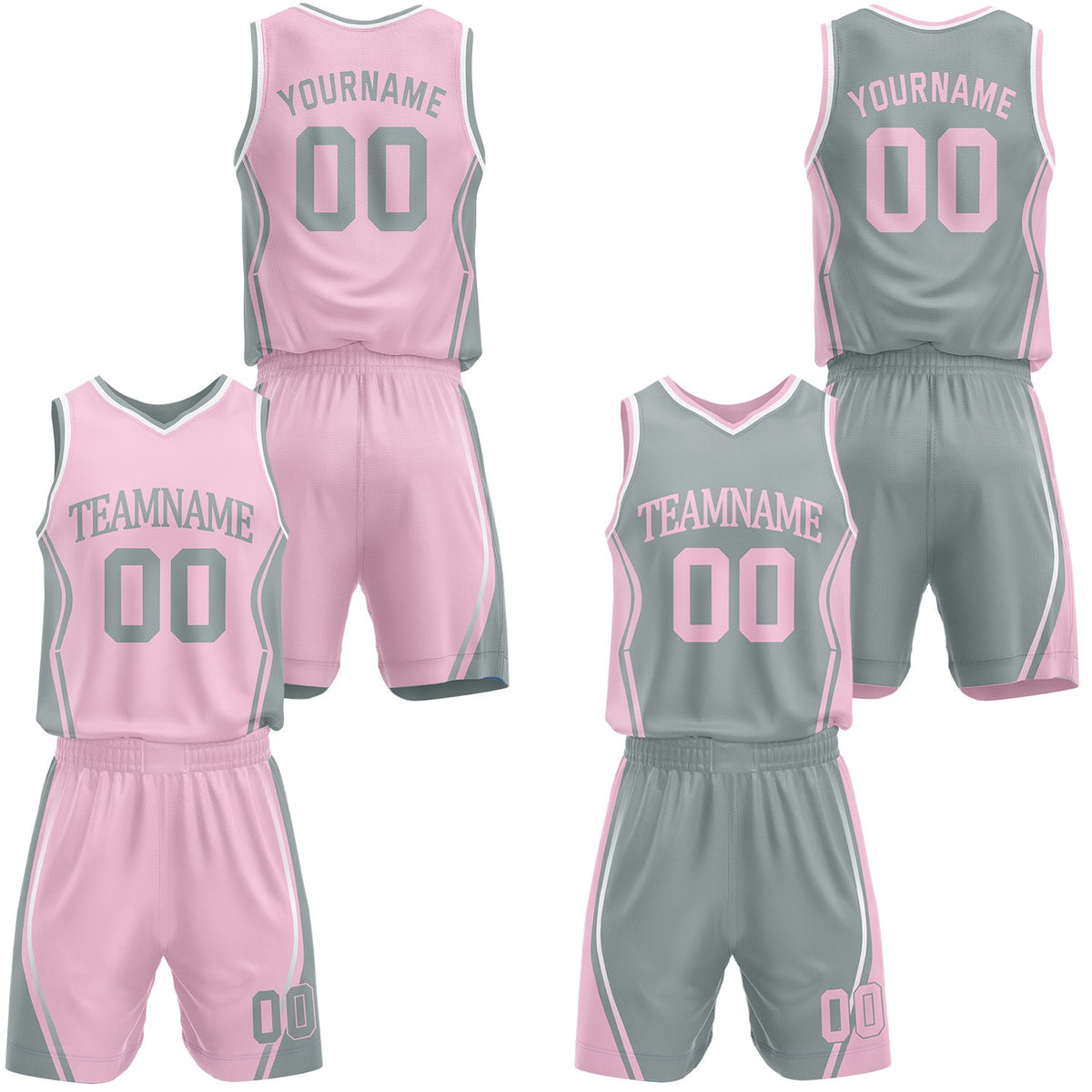 Custom pink &amp; gray reversible basketball jersey shorts set by Vosoli | Personalized block team name number geometric uniform sportswear