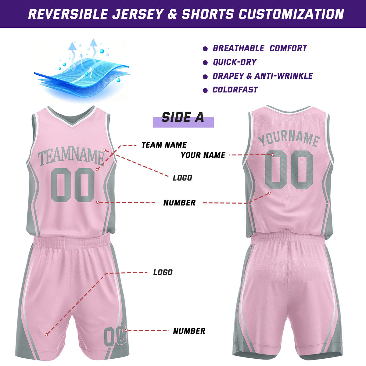 Custom Pink & Gray Reversible Geometric Basketball Jersey Shorts Set | Personalized Team Uniform