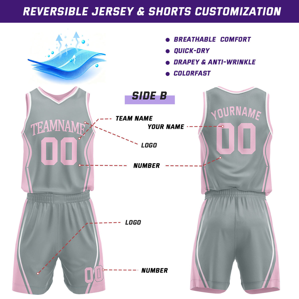 Custom Pink & Gray Reversible Geometric Basketball Jersey Shorts Set | Personalized Team Uniform