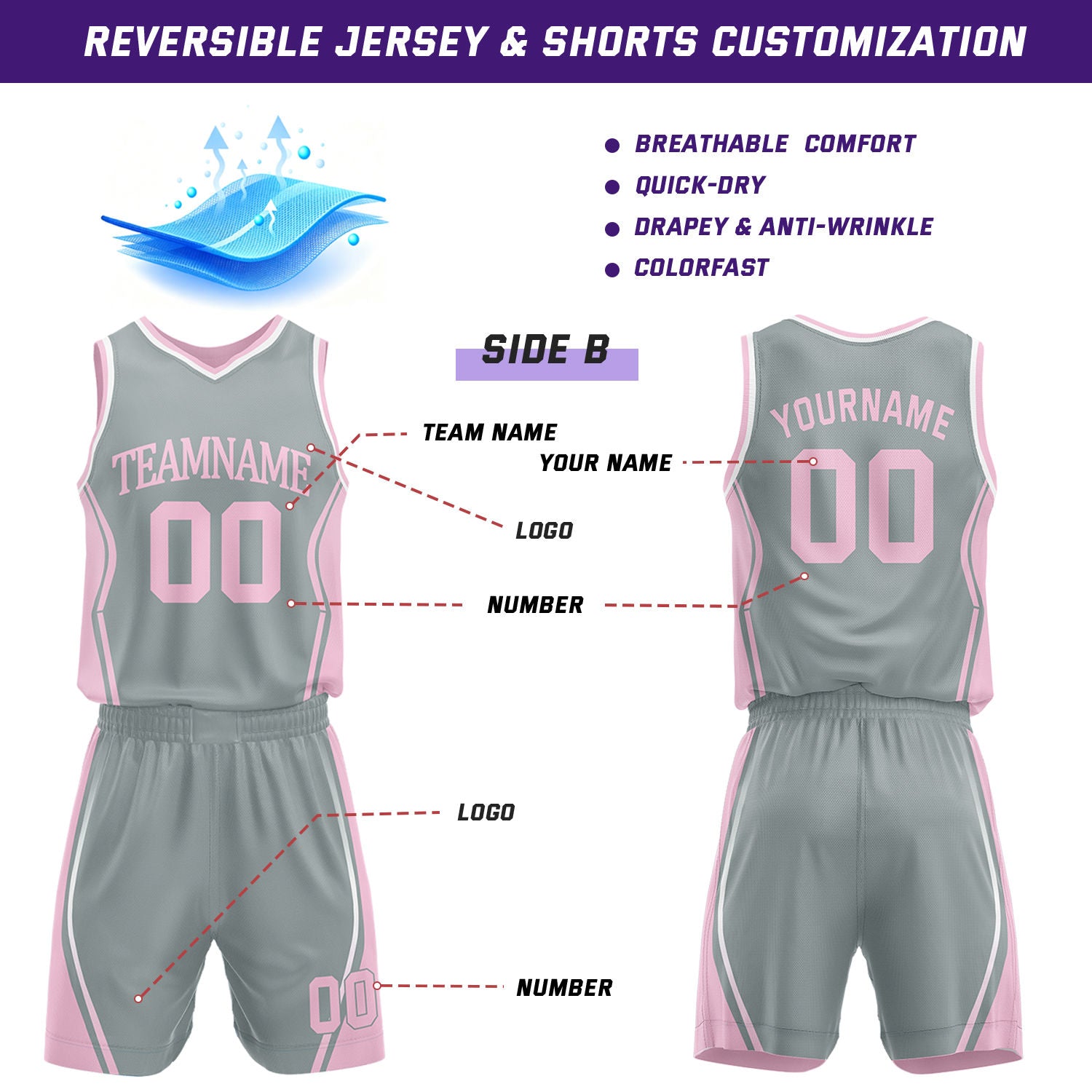 Custom Pink & Gray Reversible Geometric Basketball Jersey Shorts Set | Personalized Team Uniform