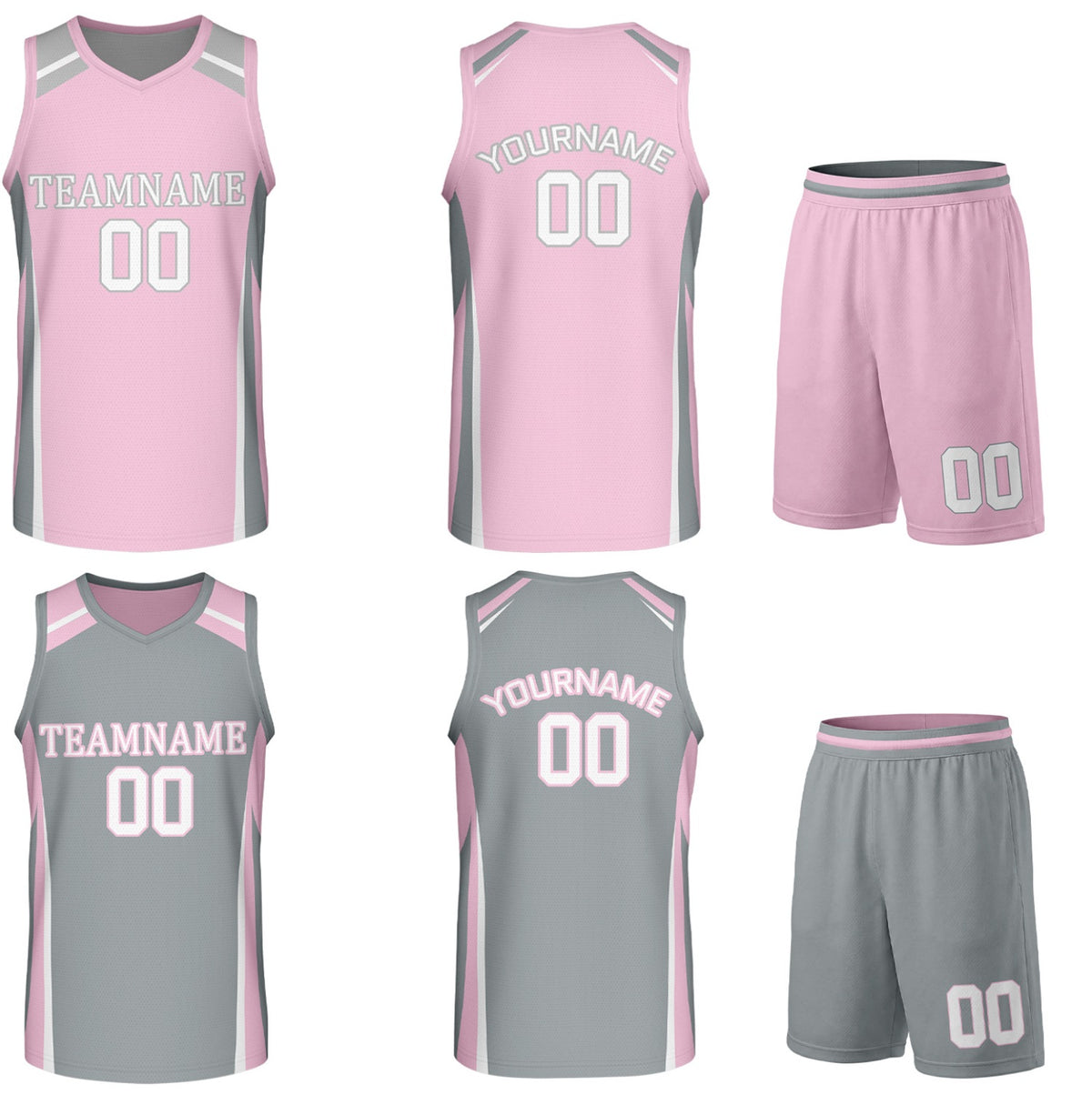 Custom pink and grey reversible basketball uniform by Vosoli. Personalized with team name, number, and logo. Breathable mesh jersey and shorts for high school, college, and AAU teams.
