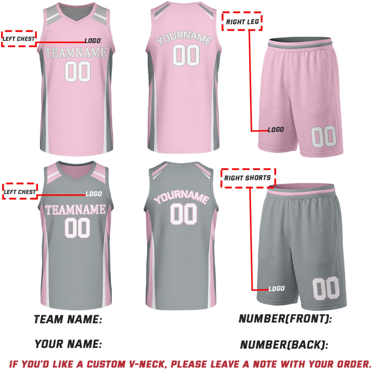 Custom Pink & Grey Reversible Basketball Jerseys | Personalized Team Uniform Set for Women