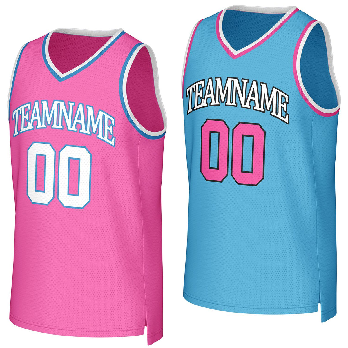 Custom pink &amp; light blue reversible basketball jersey by Vosoli | Personalized team name &amp; number sportswear